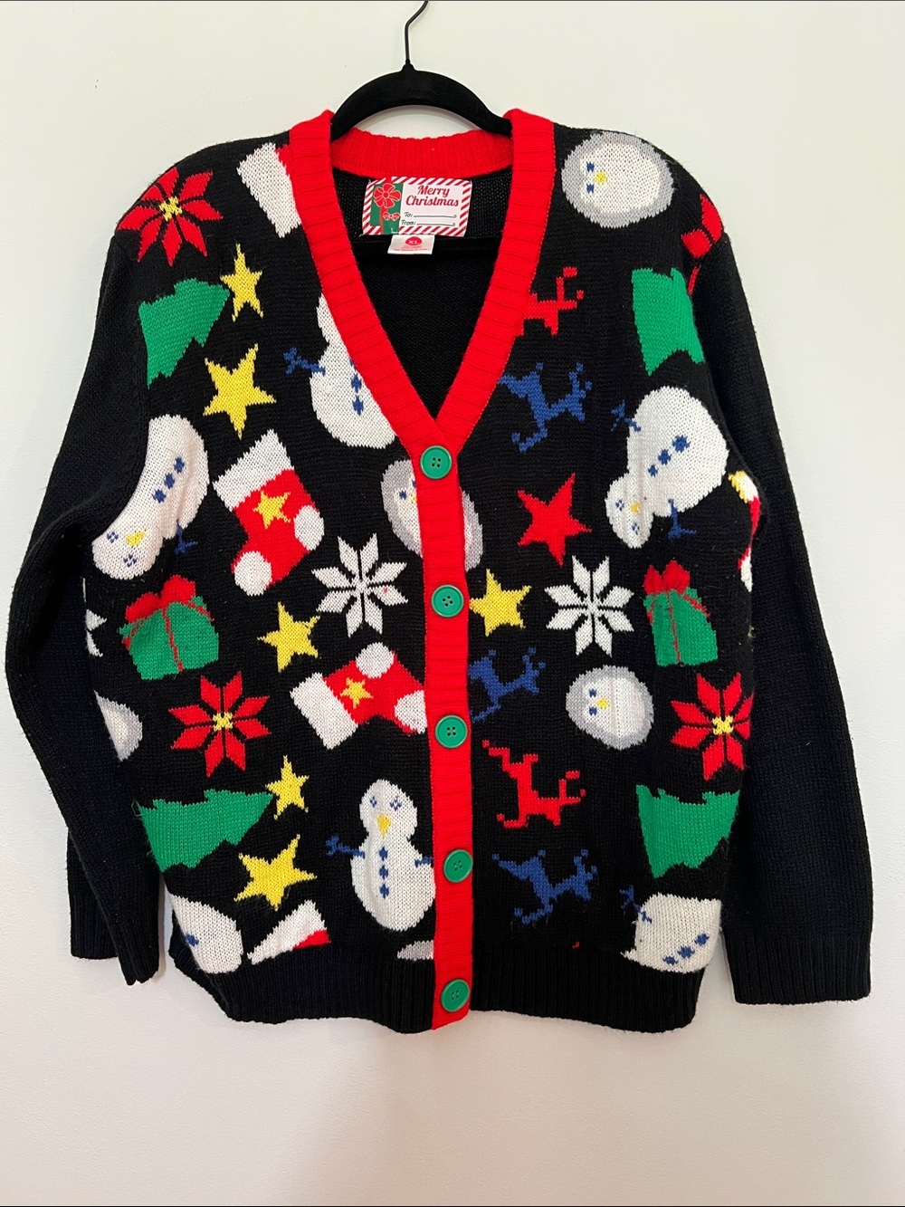 Ugly Sweater Holiday Winter Cardigan with Red Trim and Green Buttons SZ XL